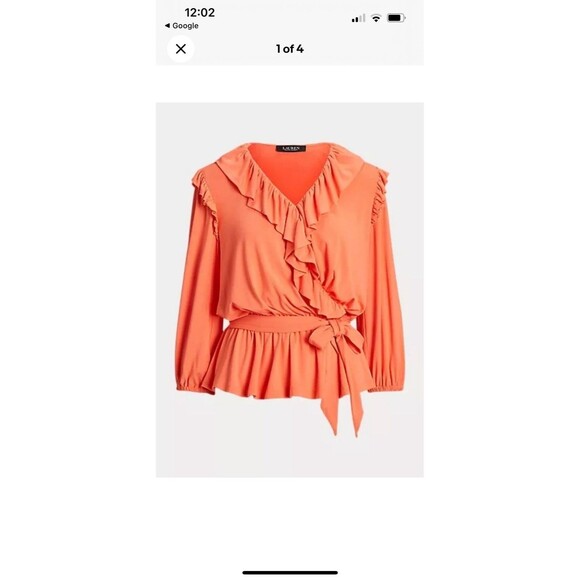 Ralph Lauren Blk Label Blouse Peplum Belted Jersey V Neck Ruffle Tie Coral 2X - Picture 1 of 9